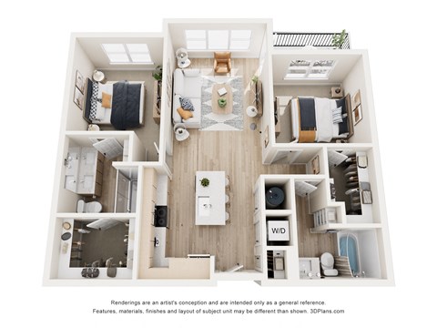 Floor plan for 2 beds, 2 baths, 1023 sqft
